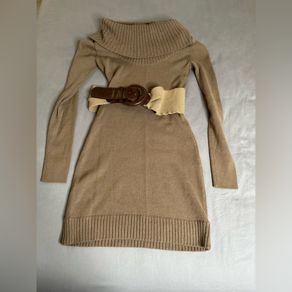 BCBG Turtleneck Tan Sweater Dress with Belt, Size XXS Gently Worn